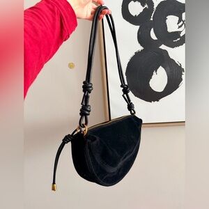 Black Faux Suede Knot-Detail Shoulder Bag with Gold Hardware